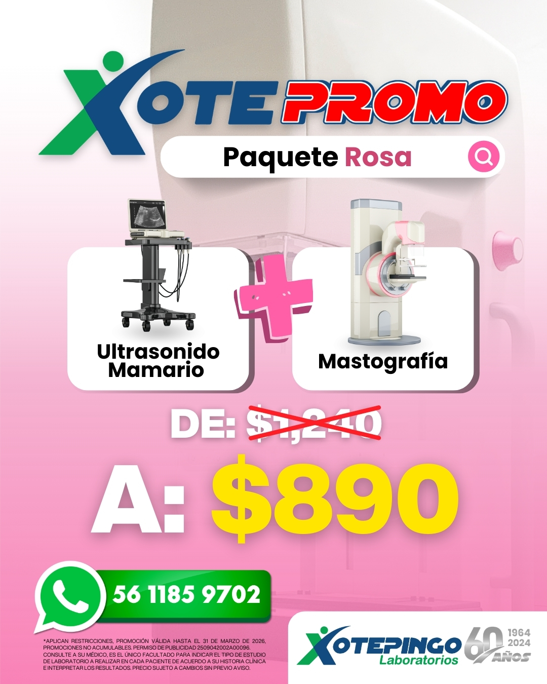 Paquete Rosa con estudios clínicos preventivos para la mujer en Laboratorio Xotepingo Ciudad de México