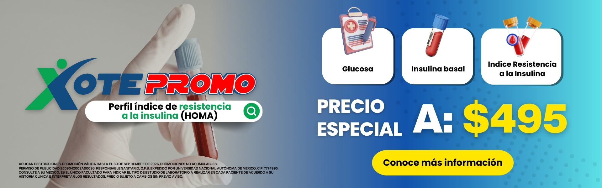 Promoción Perfil índice de resistencia a la insulina HOMA en $495 en Laboratorio Xotepingo CDMX